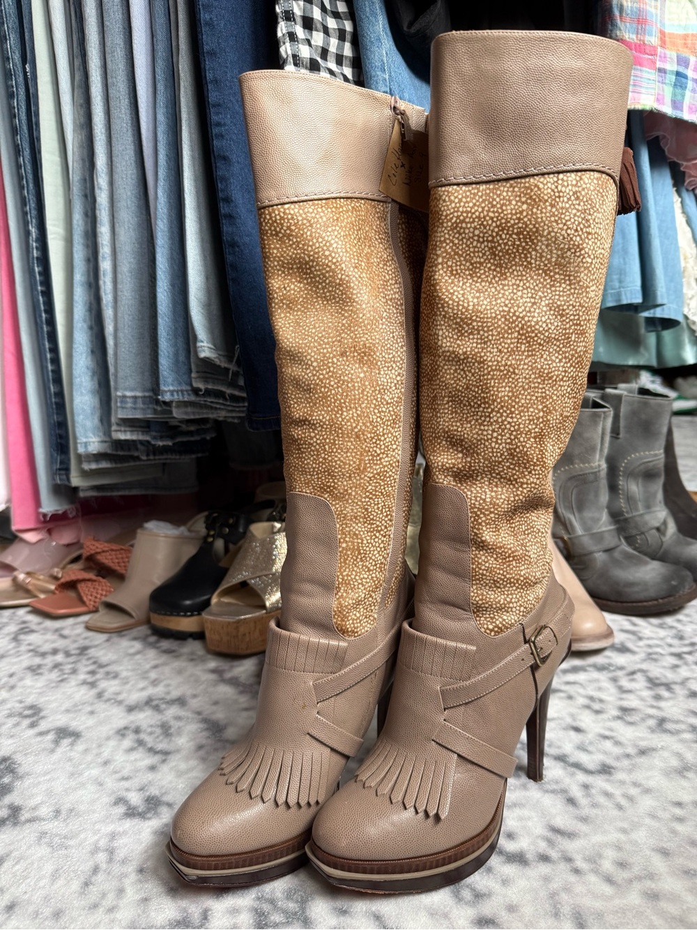 Cole Haan - Nike Air Cow Fur Gray Cream Heeled Knee-High Boots - Women’s 9